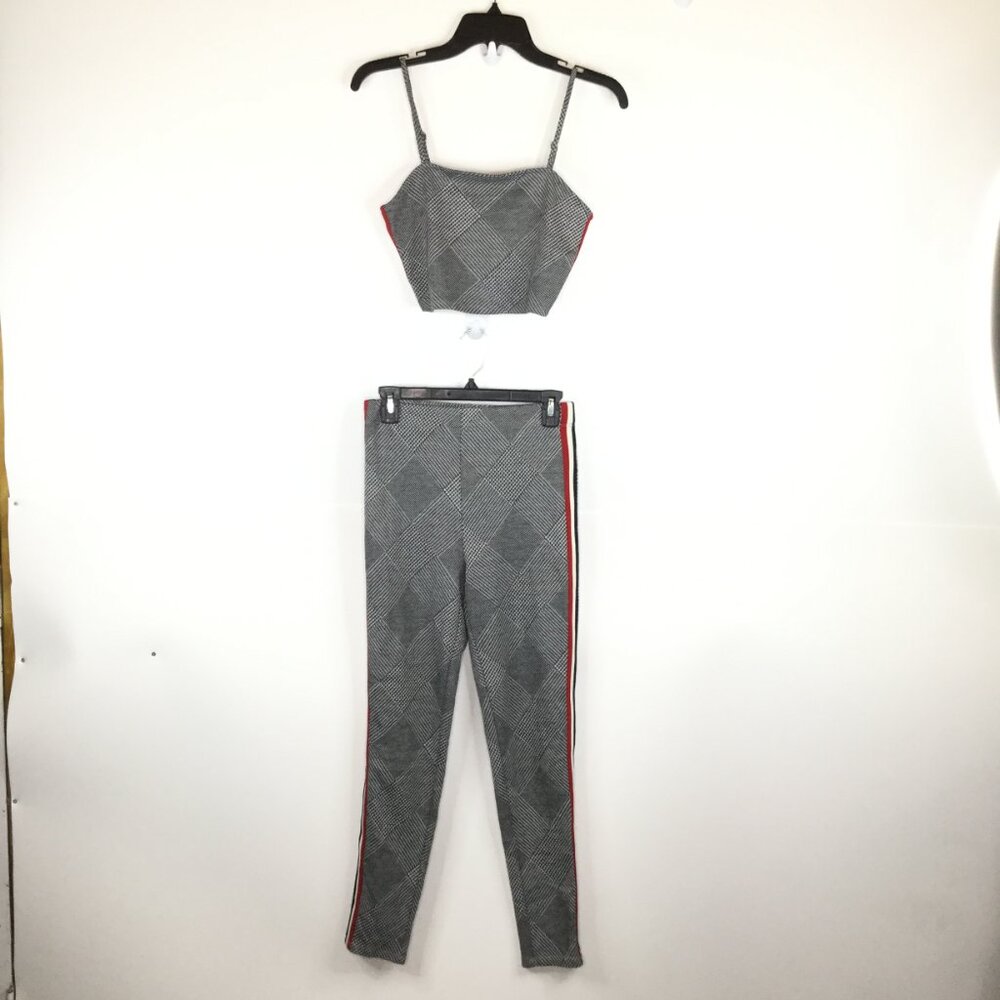 Forever 21 Cropped Top Pants Set Women Medium Black White Side Stripes 2-Piece